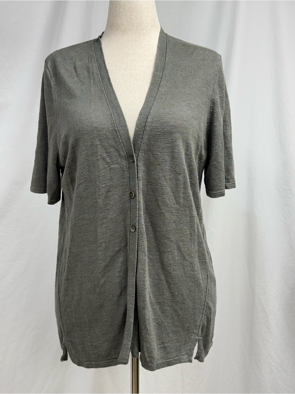 J. Jill Short Sleeve V-Neck Linen Blend Button Cardigan - Gray-Green